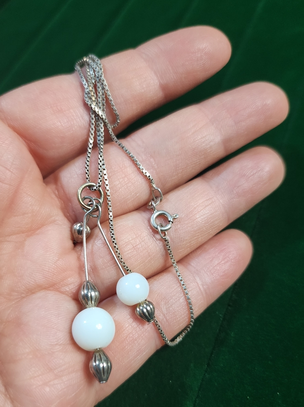 Vintage 80s Sterling Silver White Bead Pendant Lariat  Necklace - Picture 6 of 9